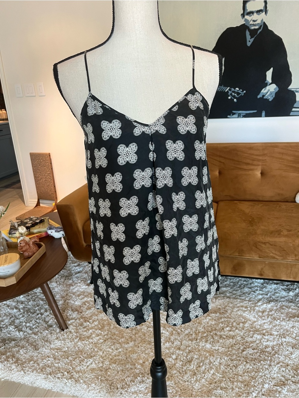Madewell Black Cami with Cream Floral Lace-Style Print